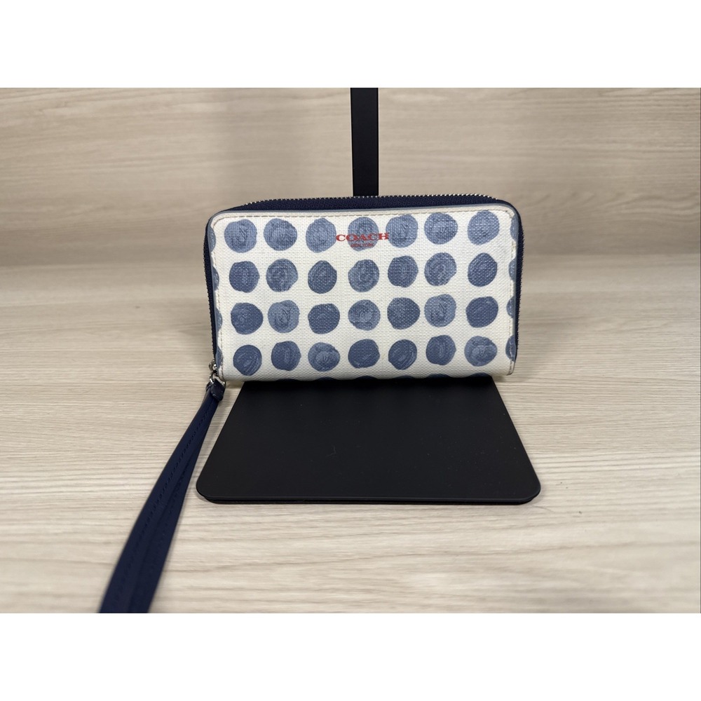 Coach‎ Leather Blue Navy Polka Dot Zip Wristlet Wallet Gold